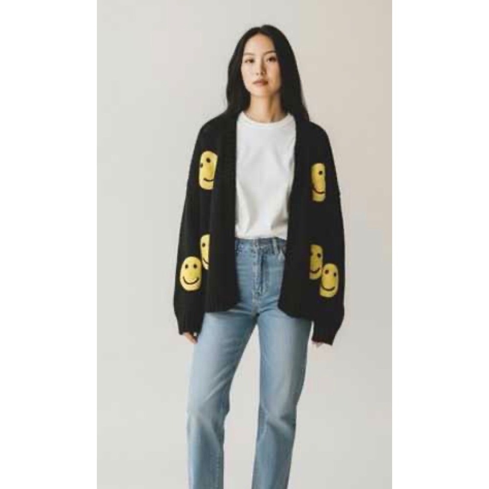Luna Ivy Black Smiley Face Chunky Knit Cardigan Sweater Womens Large